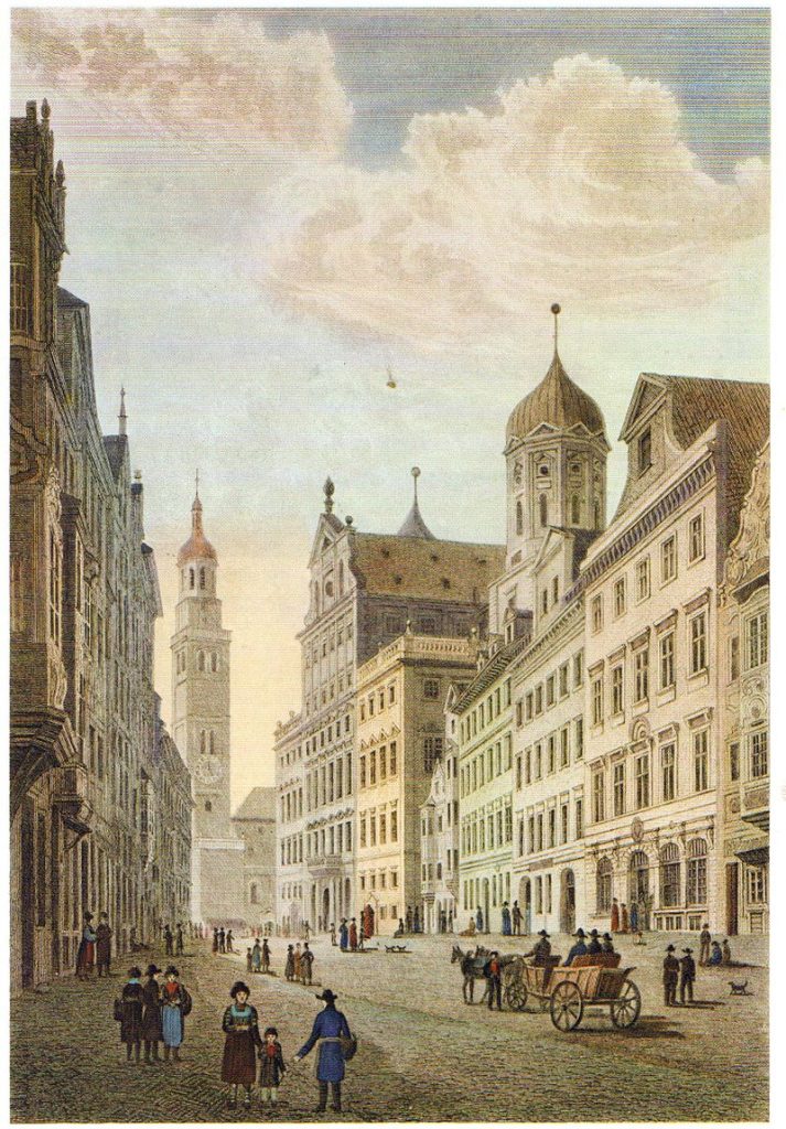 Maximilianstraße Augsburg. I. Owen nach Robert Batty, ca. 1835 © wikimedia.commons (gemeinfrei)