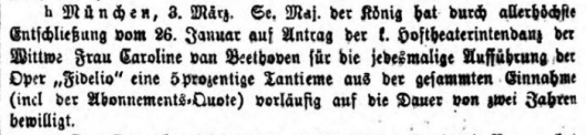 Tantiemen für Caroline van Beethoven 1874. Zeitungsmeldung.