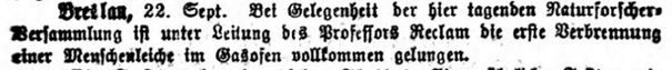 Meldung aus Breslau in den Augsburger Neuesten Nachrichten vom 27. September 1874