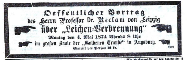 Meldung zu Vortrag in der Neuen Augsburger Zeitung vom 5. Mai 1874